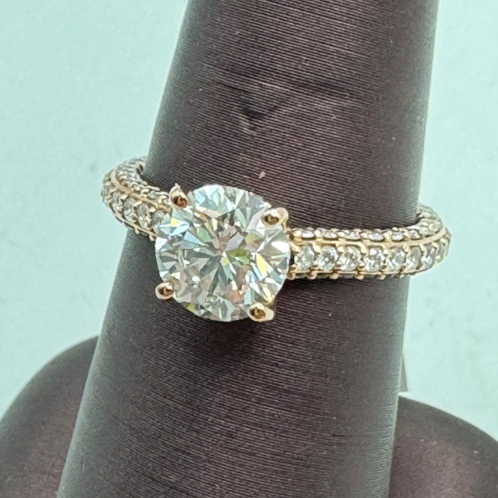 Rose gold engagement ring w 1.52 carat center, lab grown diamond with cert